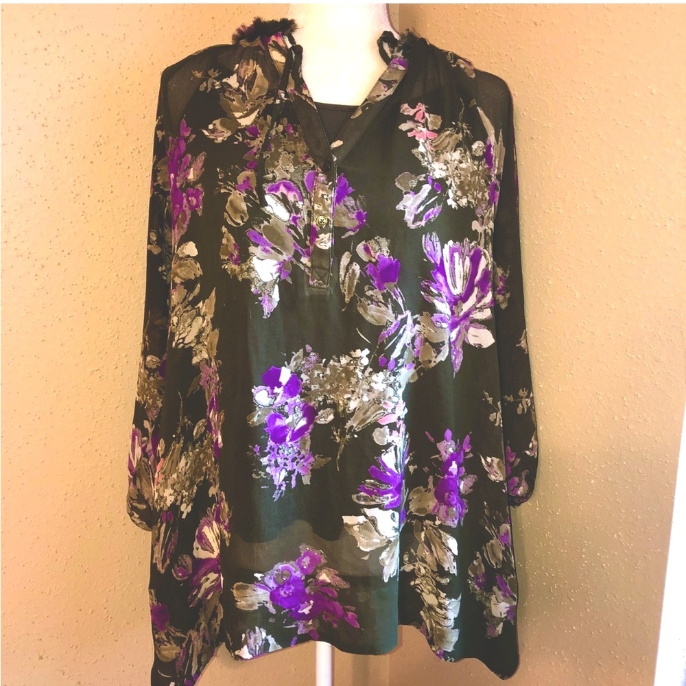 Sz M Lauren Conrad Olive Green & Purple Floral Sheer Tunic & Tank